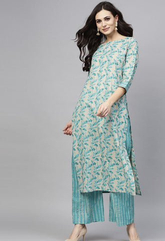 Turquoise Blue Floral Printed Kurta With Palazzo