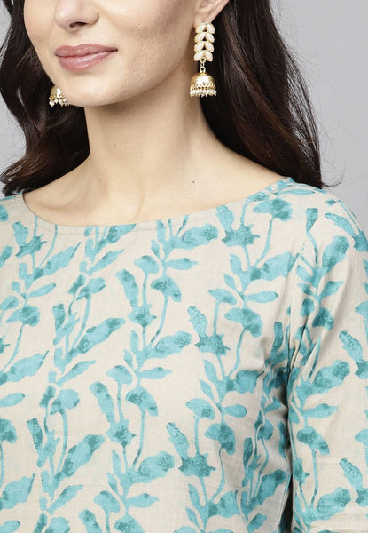 Turquoise Blue Floral Printed Kurta With Palazzo