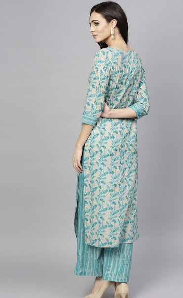 Turquoise Blue Floral Printed Kurta With Palazzo