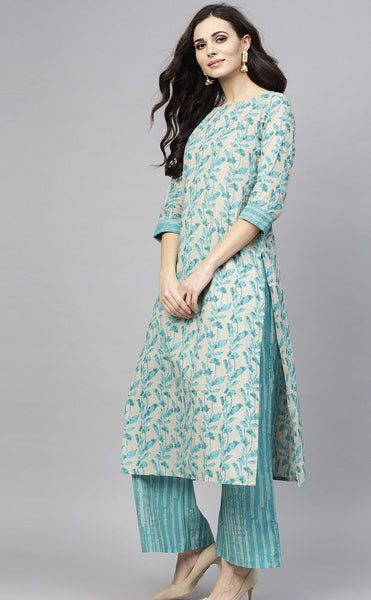 Turquoise Blue Floral Printed Kurta With Palazzo