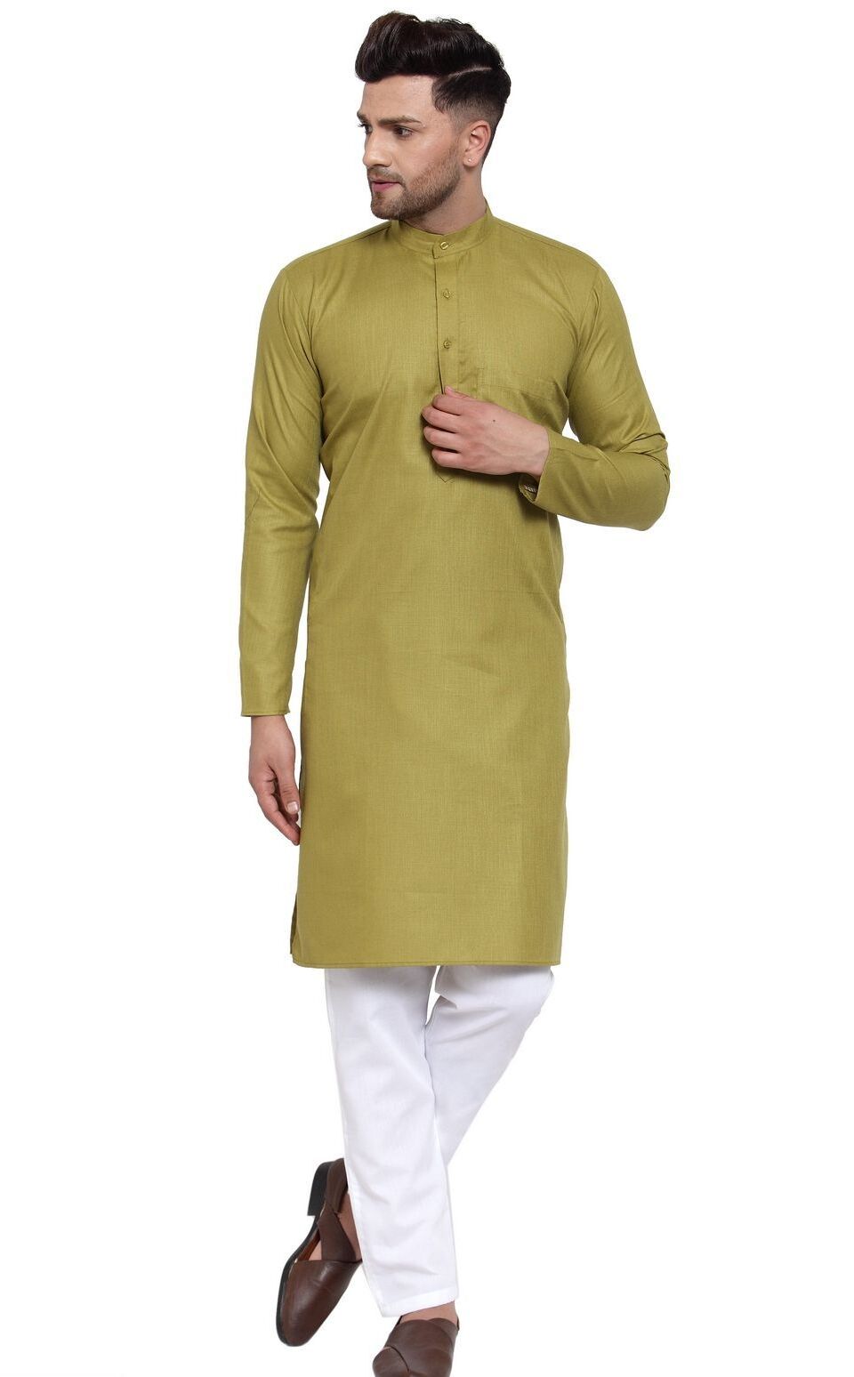 Olive Cotton Solid Kurta Pyjama Set