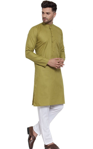 Olive Cotton Solid Kurta Pyjama Set