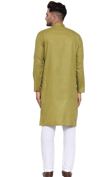 Olive Cotton Solid Kurta Pyjama Set