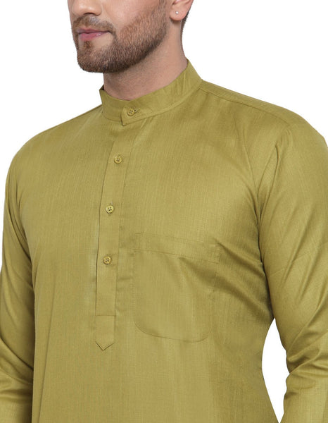 Olive Cotton Solid Kurta Pyjama Set