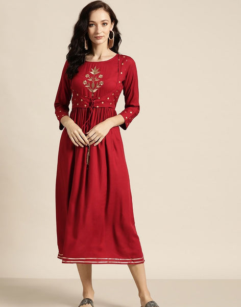 Maroon Zari Embroided Liva Dress