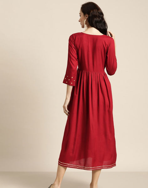 Maroon Zari Embroided Liva Dress