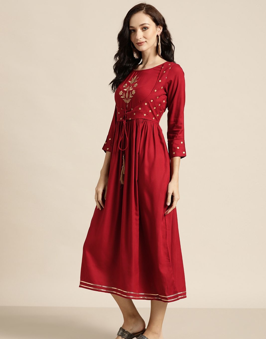 Maroon Zari Embroided Liva Dress
