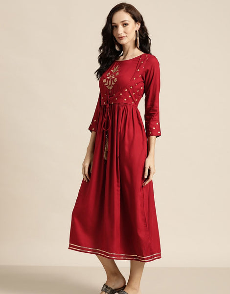 Maroon Zari Embroided Liva Dress
