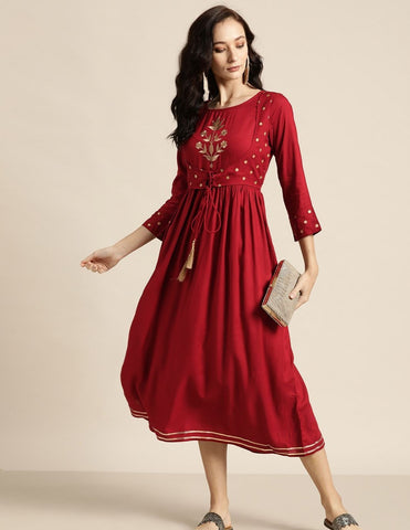 Maroon Zari Embroided Liva Dress