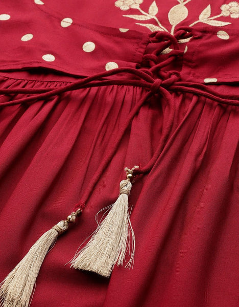 Maroon Zari Embroided Liva Dress