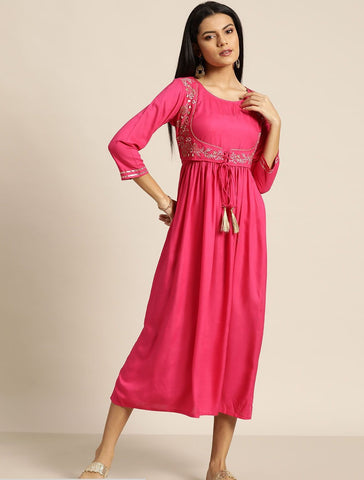 Fushia Zari Embroidered Liva Dress