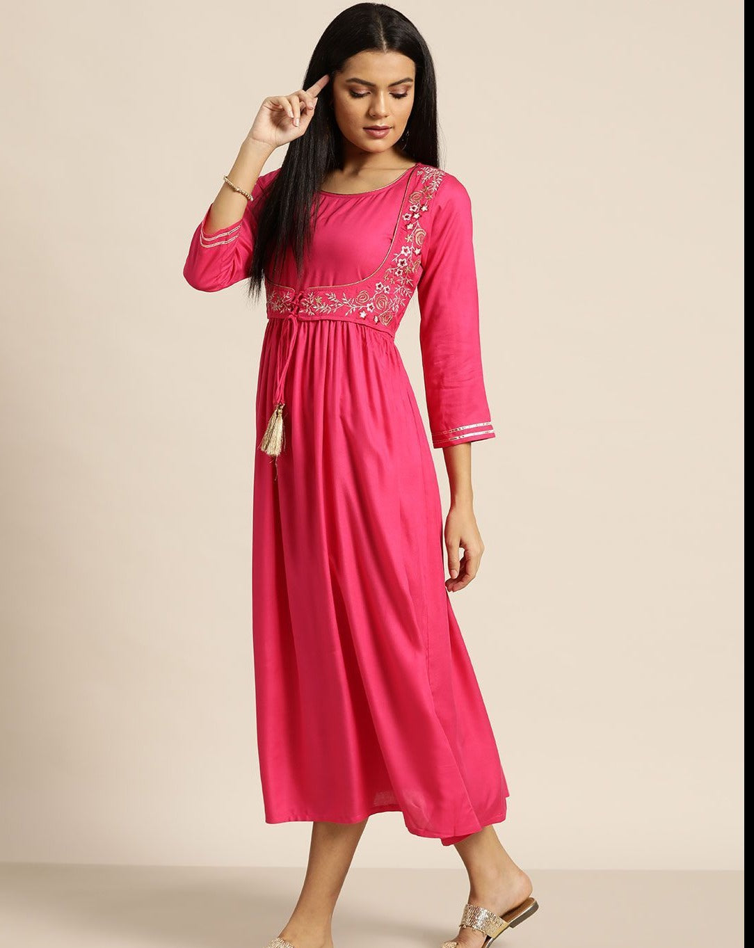Fushia Zari Embroidered Liva Dress