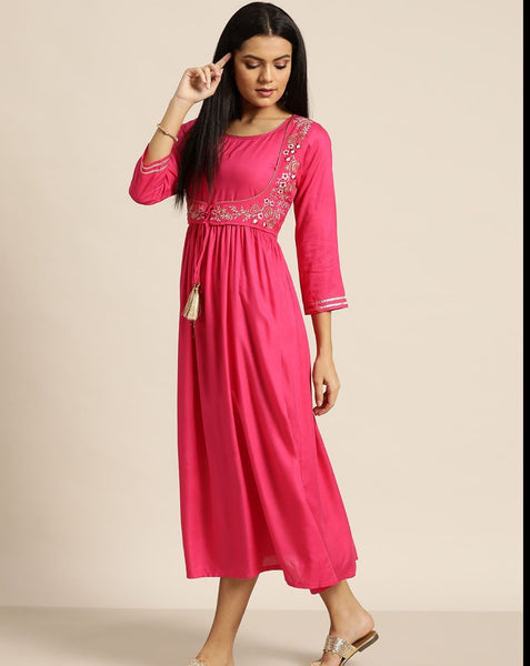 Fushia Zari Embroidered Liva Dress