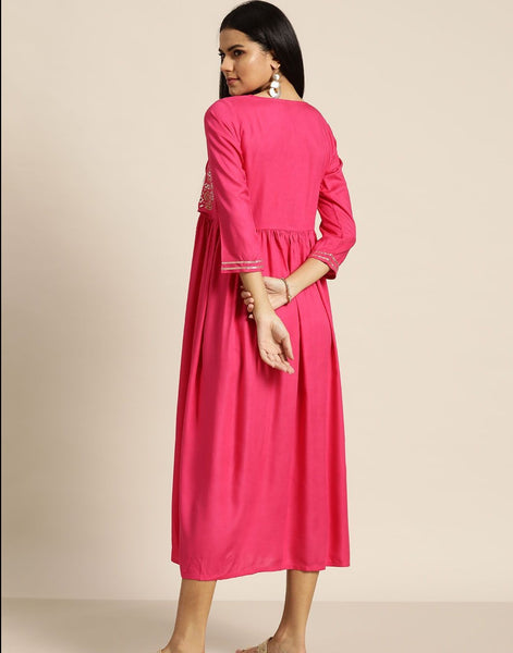 Fushia Zari Embroidered Liva Dress