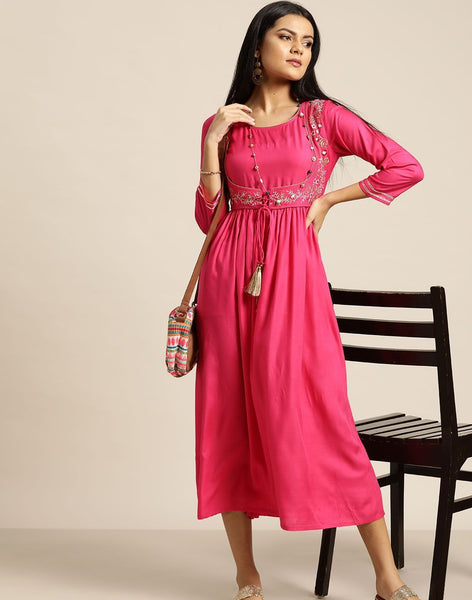 Fushia Zari Embroidered Liva Dress