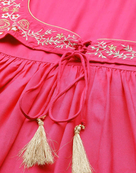 Fushia Zari Embroidered Liva Dress