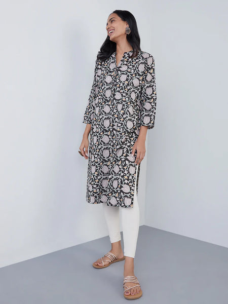 Black Floral Printed Cotton Kurta