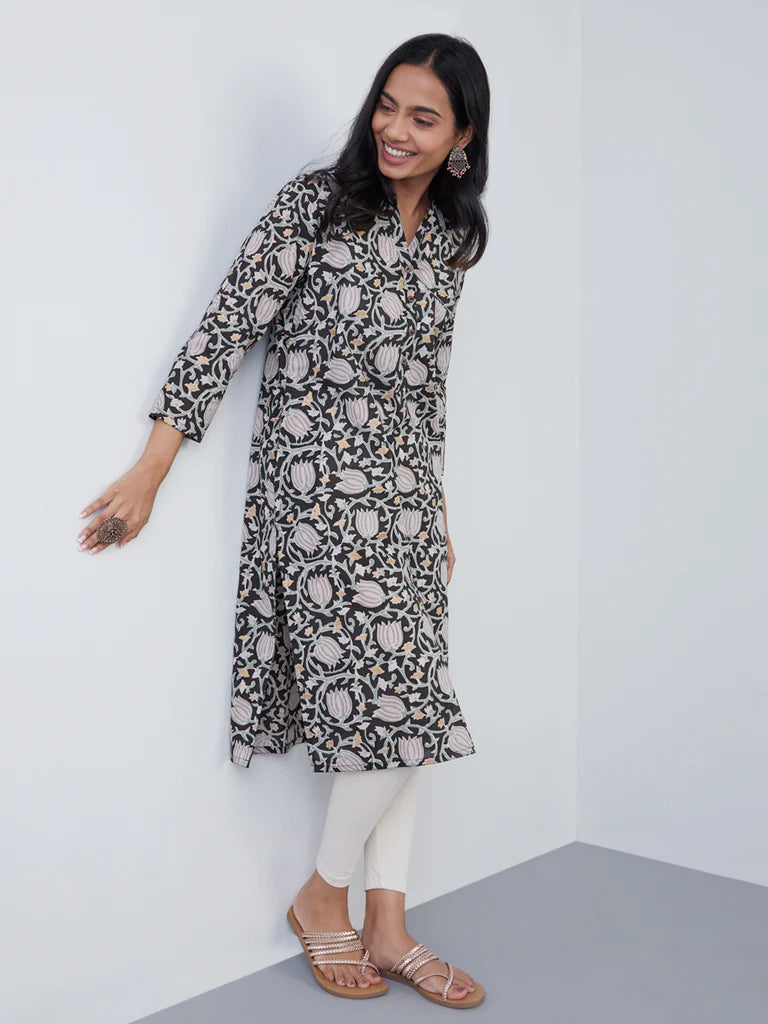 Black Floral Printed Cotton Kurta