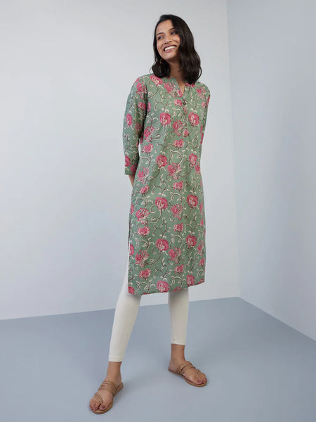 Green Floral Cotton Kurta