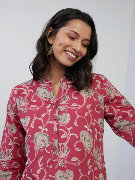 Pink Floral Printed Cotton Kurta