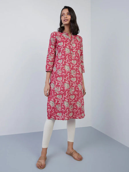 Pink Floral Printed Cotton Kurta