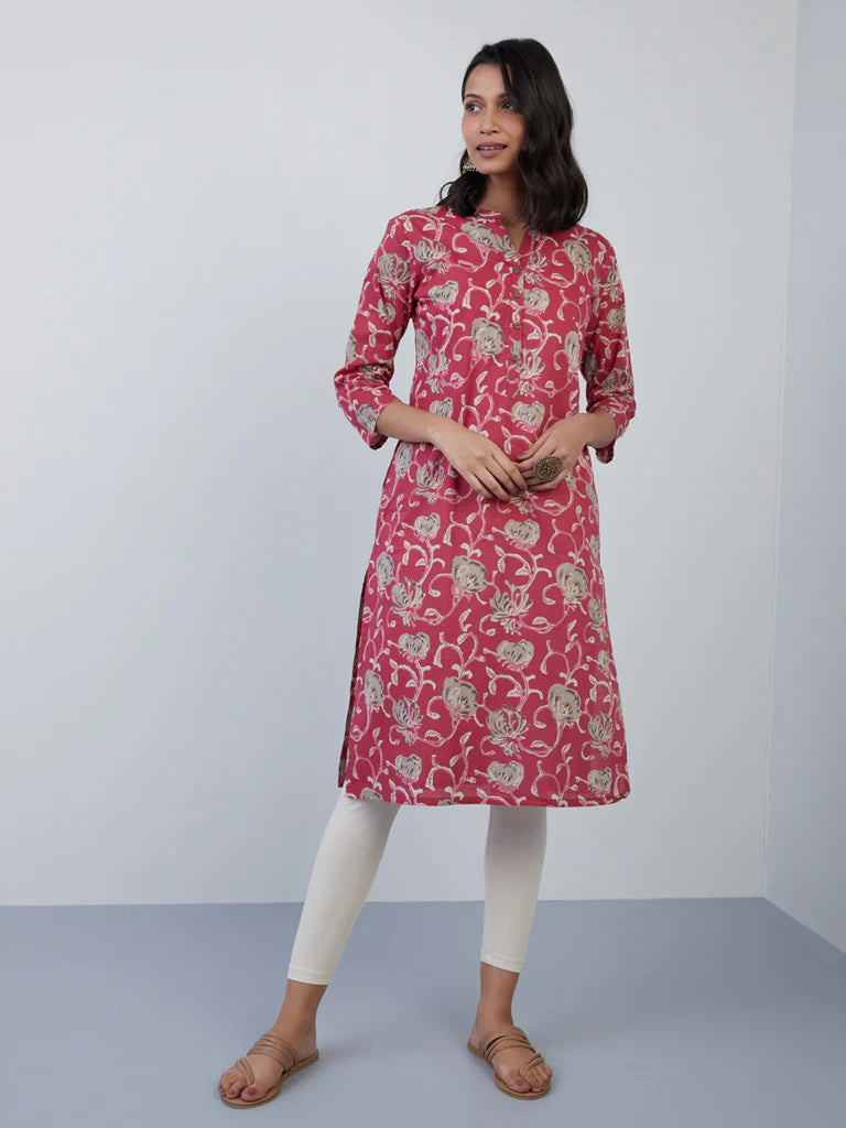 Pink Floral Printed Cotton Kurta