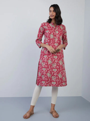 Pink Floral Printed Cotton Kurta