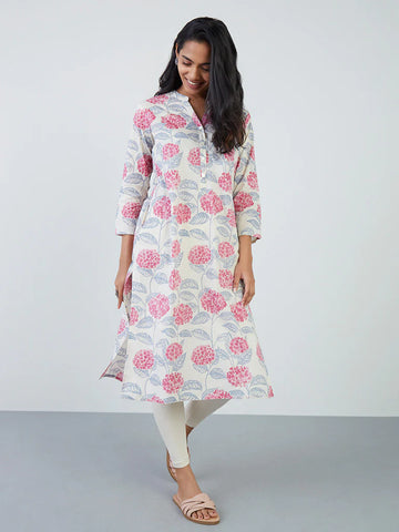 White& Pink Floral Cotton Kurta