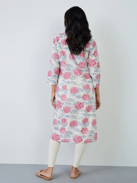 White& Pink Floral Cotton Kurta