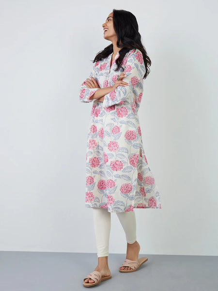 White& Pink Floral Cotton Kurta