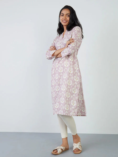 Lilac Ikat Printed Cotton Kurta