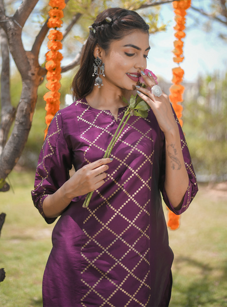 Purple & Gold Printed Kurta with Pants