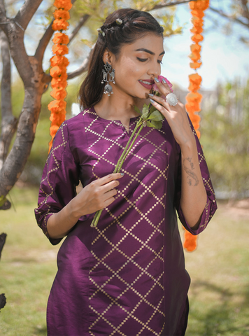 Purple & Gold Printed Kurta with Pants