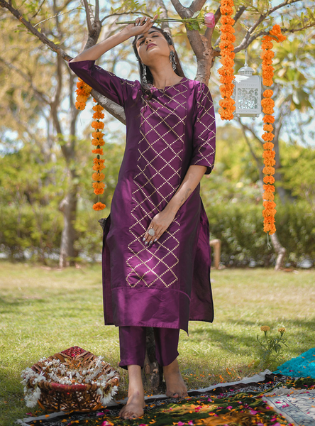 Purple & Gold Printed Kurta with Pants