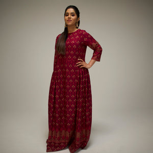 Burgundy Ethnic Motifs Maxi Dress