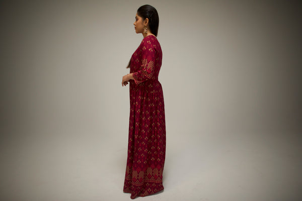 Burgundy Ethnic Motifs Maxi Dress