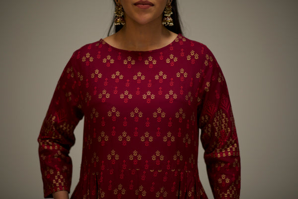 Burgundy Ethnic Motifs Maxi Dress