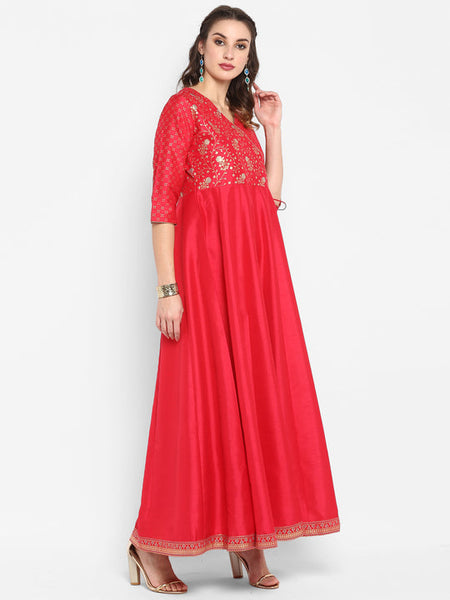 Fushia Pink Poly Silk Anarkali Dress