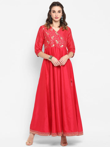 Fushia Pink Poly Silk Anarkali Dress