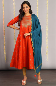 Orange Poly Silk Kurta With Dupatta