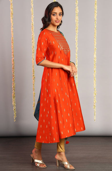 Orange Poly Silk Kurta With Dupatta