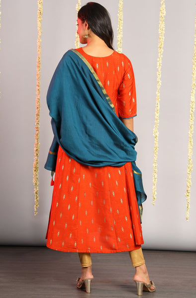 Orange Poly Silk Kurta With Dupatta