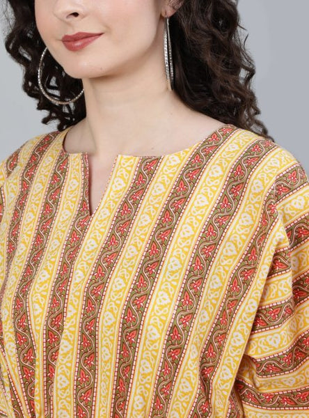 Yellow Cotton Kaftan Printed Sleepwear Set