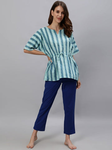 Blue Cotton Short Kaftan & Pyjama Set