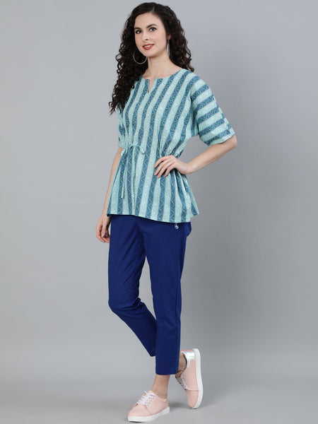 Blue Cotton Short Kaftan & Pyjama Set