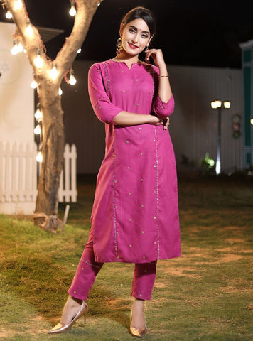 Magenta Embroidered Straight Kurta with Pants