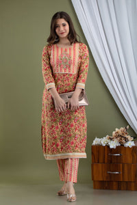 Floral Peach Jaipur Cotton Kurti Set