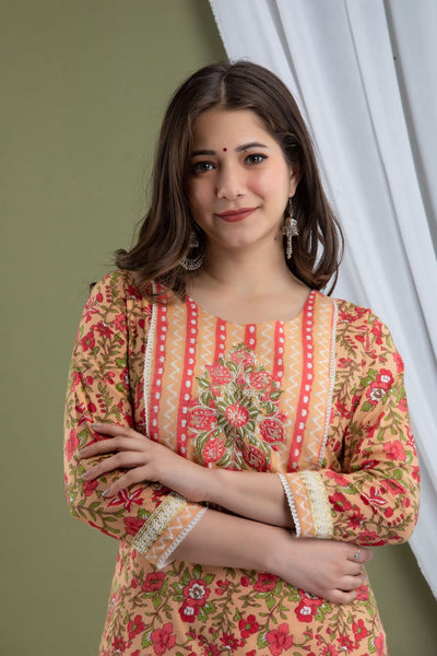 Floral Peach Jaipur Cotton Kurti Set