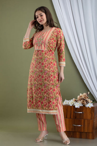 Floral Peach Jaipur Cotton Kurti Set