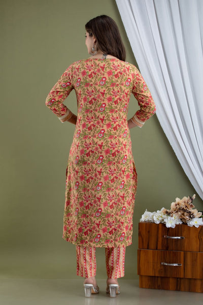 Floral Peach Jaipur Cotton Kurti Set